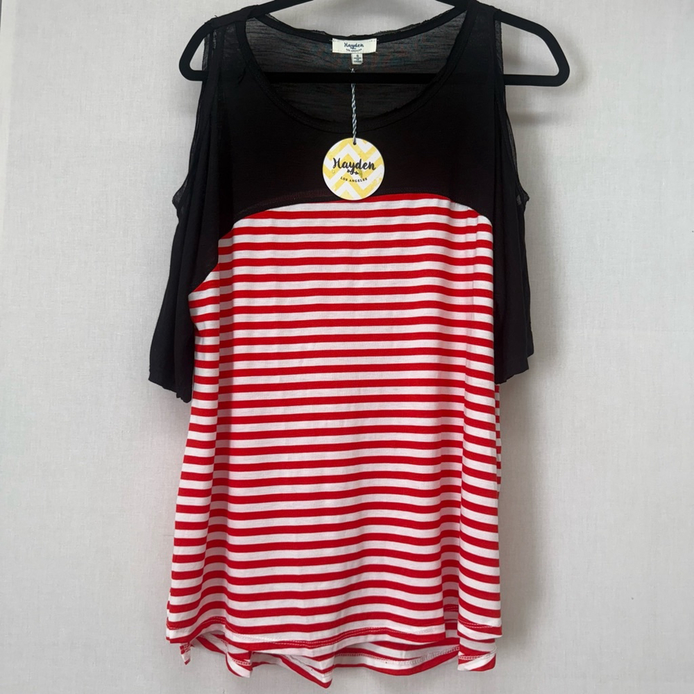 Women's Hayden Los Angeles Top Size S Red Striped Cold Shoulder